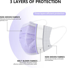 Load image into Gallery viewer, akgk Disposable Face Masks 100Pcs, 3 Layer Protective Face Mask Purple Face Masks