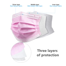 Load image into Gallery viewer, akgk 100PCS Pink Disposable Face Masks, 3-Ply Breathable Pink Face Mask For Adults