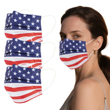 Load image into Gallery viewer, akgk 100PCS Disposable Face Masks with USA Flag Print, 3-Ply Breathable Face Mask For Adults