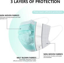 Load image into Gallery viewer, akgk Disposable Face Masks 100Pcs, 3 Layer Protective Face Mask Green Face Masks