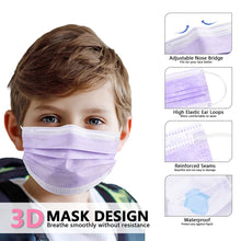 Load image into Gallery viewer, akgk Kids Disposable Face Mask Protective Childrens Purple Safety Masks 100PCS