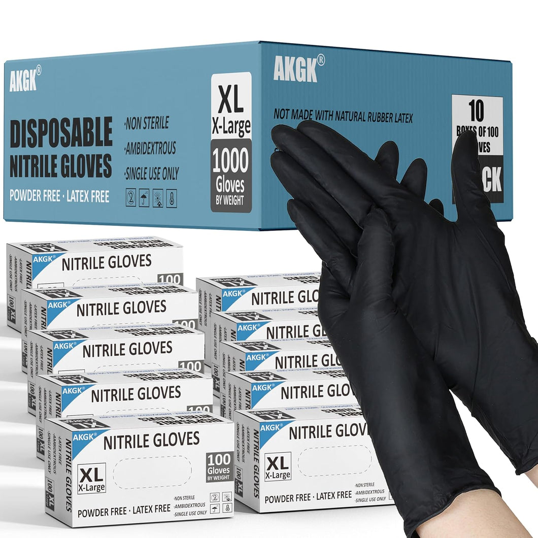 akgk Black Nitrile Disposable Gloves, 1000 PCS Exam Gloves, 4 Mil X-Large, Food Safe, Cleaning Gloves, Latex & Powder-Free(Case of 1000, 10 Boxes of 100)