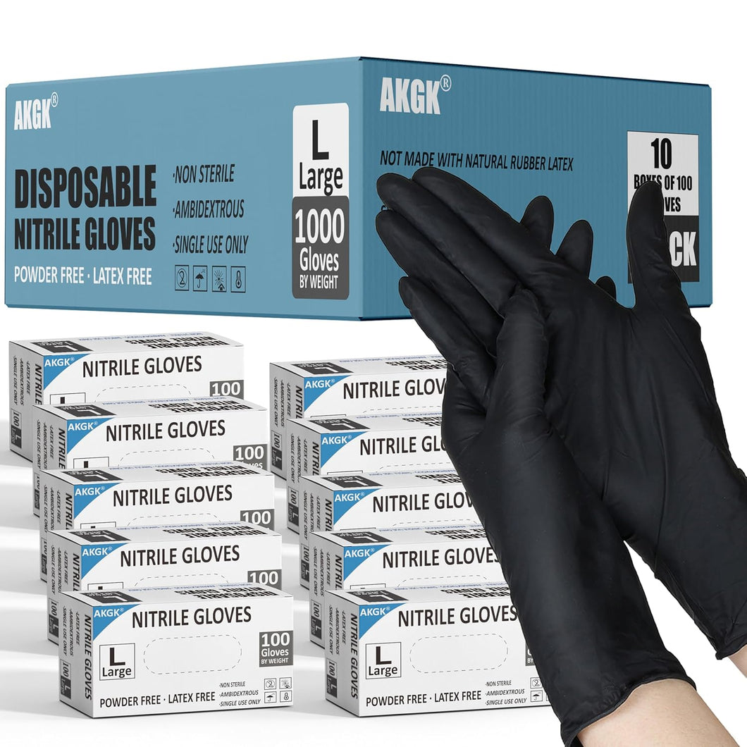 akgk Black Nitrile Disposable Gloves, 1000 PCS Exam Gloves, 4 Mil Large, Food Safe, Cleaning Gloves, Latex & Powder-Free(Case of 1000, 10 Boxes of 100)