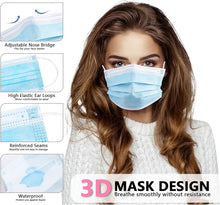 Load image into Gallery viewer, akgk Disposable Face Masks 100Pcs, Blue Face Mask, 3 Ply Disposable Mask with Elastic Earloops
